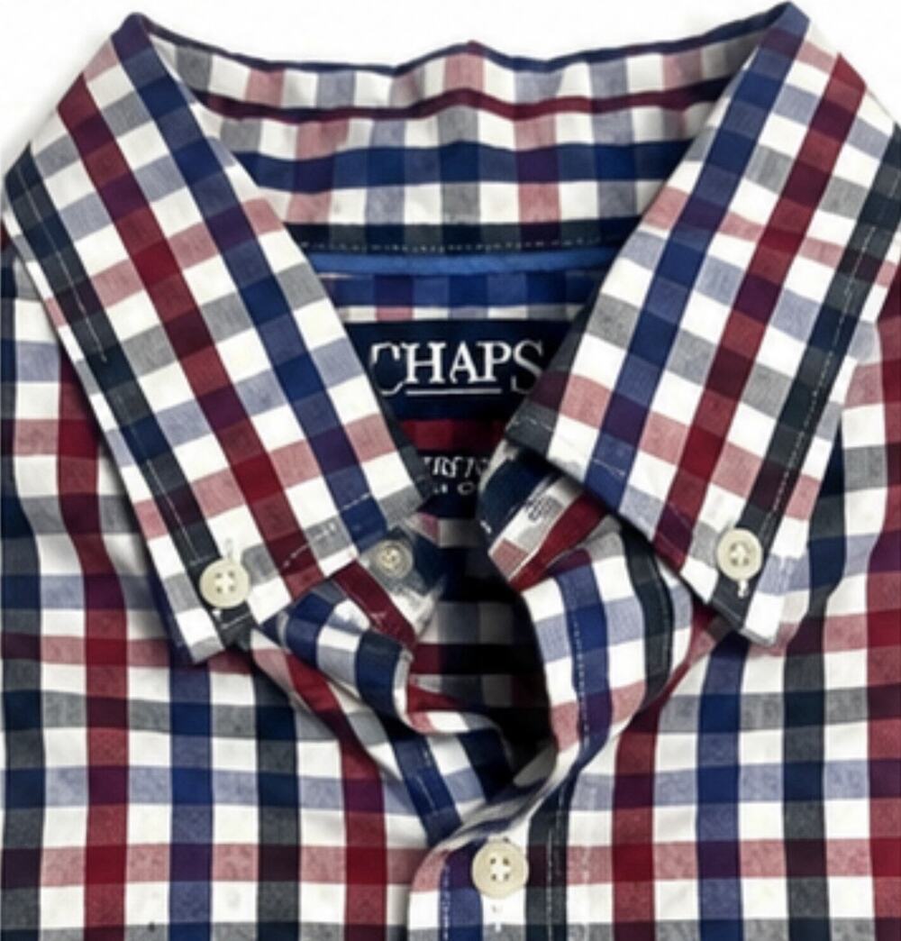 Chaps Stretch Easy Care Button Shirt Mens Medium Plaid Long Sleeve Red Blue